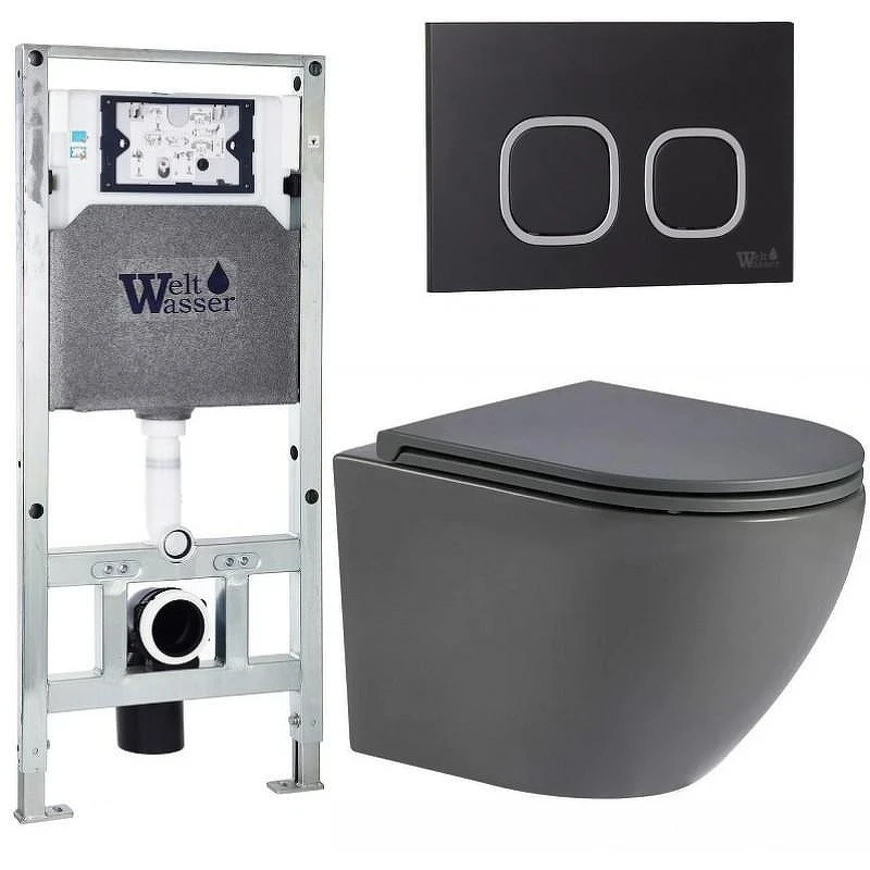 Комплект унитаза с инсталляцией WeltWasser AMBERG 506 ST + MERZBACH 043 MT-GR + AMBERG RD-BL 10000011386 цвет Серый матовый с сиденьем Микролифт и клавишей смыва цвет Черный