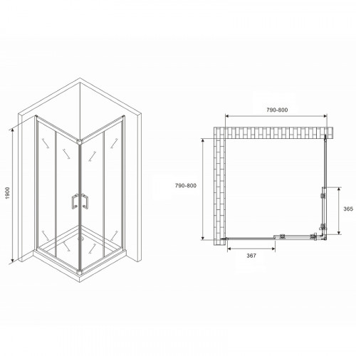 Душевой уголок Abber Schwarzer Diamant 80x80 AG02080B5 профиль Черный стекло прозрачное
