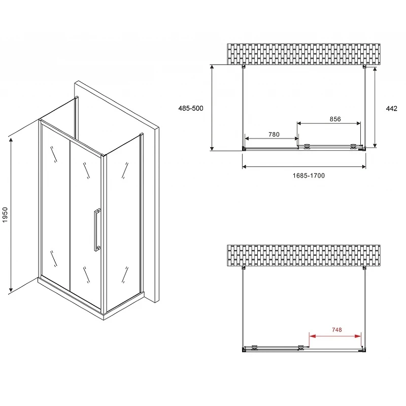 Душевой уголок Abber Schwarzer Diamant 170x60 AG30170MH-S60M-S60M профиль Хром стекло матовое
