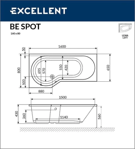 Акриловая ванна Excellent Be Spot 160x80 L WAEX.BSL16.SOFT.CR с гидромассажем