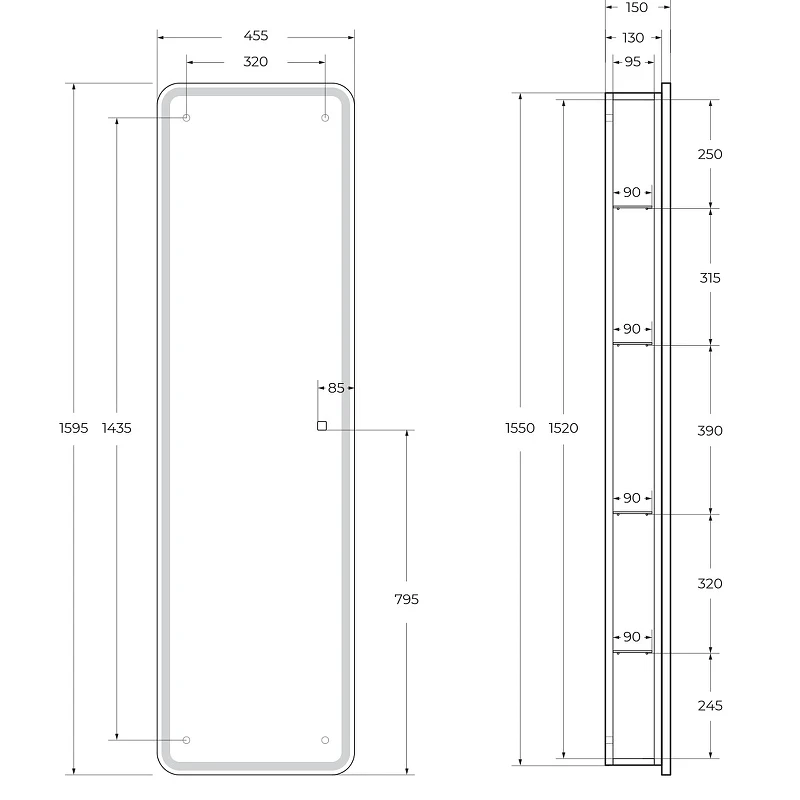 Зеркальный шкаф BelBagno Marino 45 SPC-MAR-450/1600-1A-LED-TCH с подсветкой Белый МДФ / ЛДСП, стекло