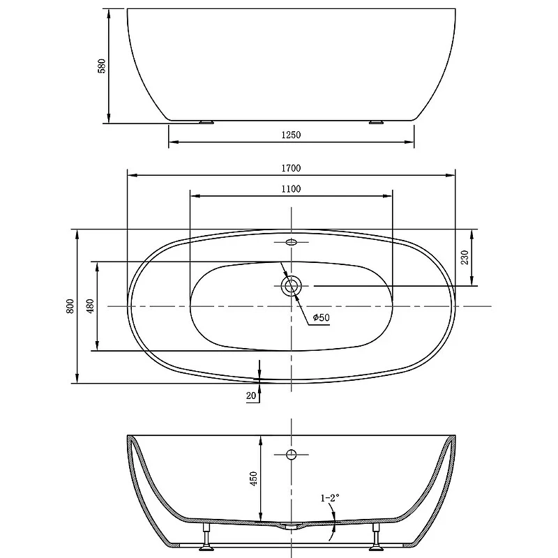 Акриловая ванна Vincea 170x80 VBT-405-1700MW без гидромассажа