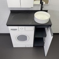 Тумба с раковиной Comforty Лозанна 100 00-00013800 под стиральную машину Белая глянцевая Калакатта Блэк МДФ / ЛДСП