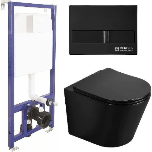 Унитаз с инсталляцией CeramaLux B2330-1MB + Berges Novum L5 040215 с сиденьем Микролифт и Черной матовой клавишей смыва