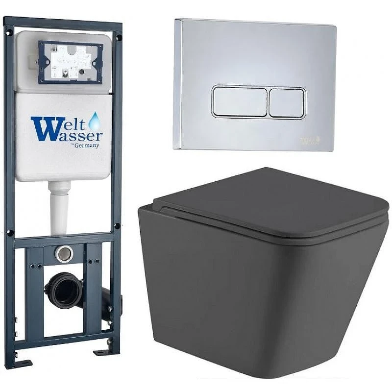 Комплект унитаза с инсталляцией WeltWasser MARBERG 410 + GELBACH 043 MT-GR + MAR 410 SE CR 10000012038 цвет Серый матовый с сиденьем Микролифт и клавишей смыва цвет Хром