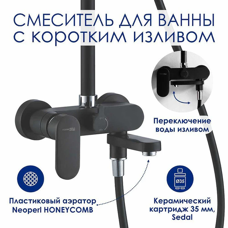 Душевая система WasserKRAFT A174.258.217.CB Черная матовая латунь на стену