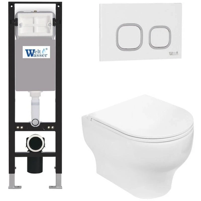 Комплект унитаза с инсталляцией WeltWasser AMBERG 350 + ERLENBACH 004 GL-WT + AMBERG RD-WT 10000012292 цвет Белый глянцевый с сиденьем Микролифт и клавишей смыва цвет Белый