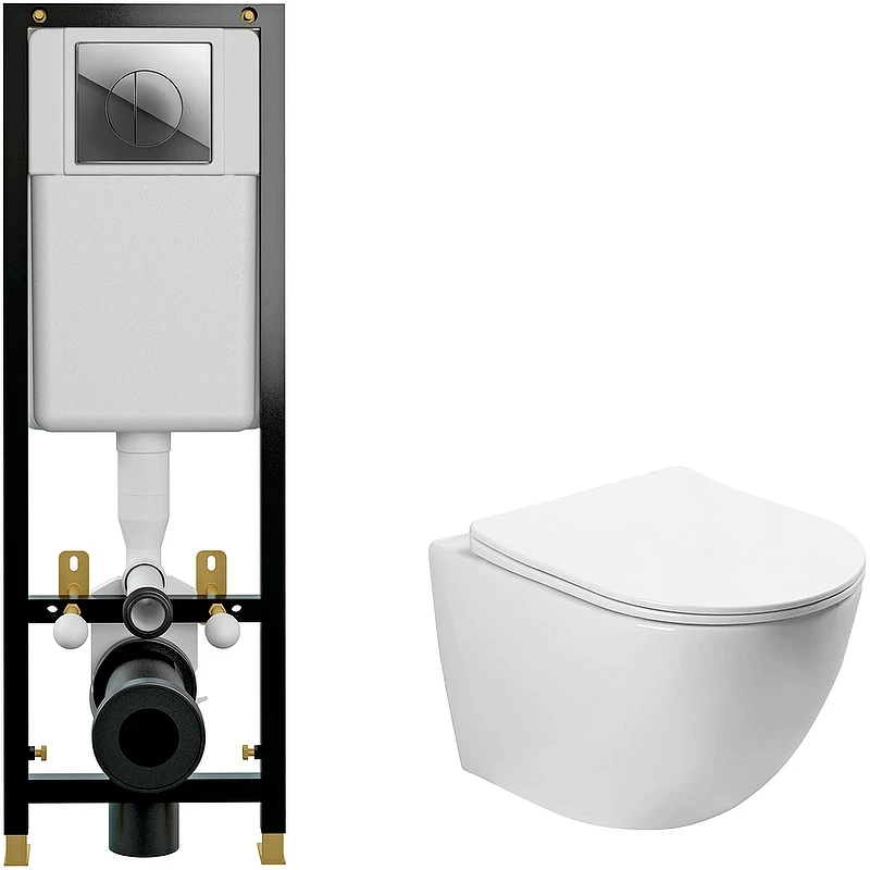 Комплект унитаза SantiLine SL-5005 с инсталляцией Cersanit Black 35 S-IN-BLACK-Cg-w с сиденьем Микролифт и клавишей смыва Хром фаянс подвесной