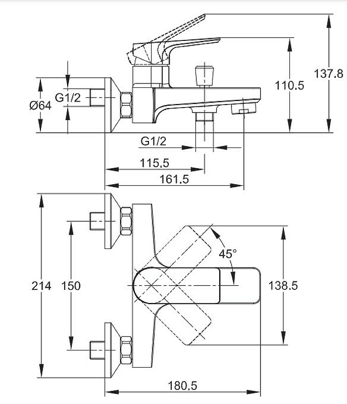 Смеситель для ванны Cersanit Nature 63064 Хром латунь на стену