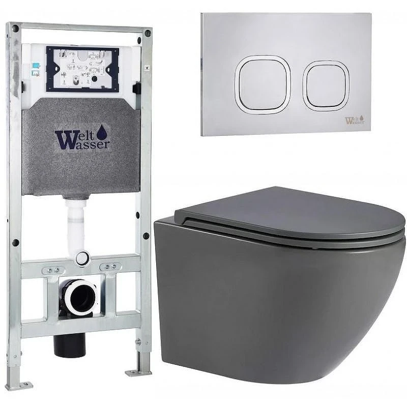 Комплект унитаза с инсталляцией WeltWasser AMBERG 506 ST + MERZBACH 043 MT-GR + AMBERG RD-MT CR 10000011387 цвет Серый матовый с сиденьем Микролифт и клавишей смыва цвет Хром матовый