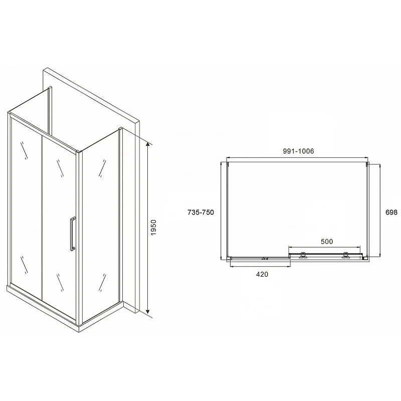 Душевой уголок Abber Schwarzer Diamant 100x75 AG30100H-S75-S75 профиль Хром стекло прозрачное