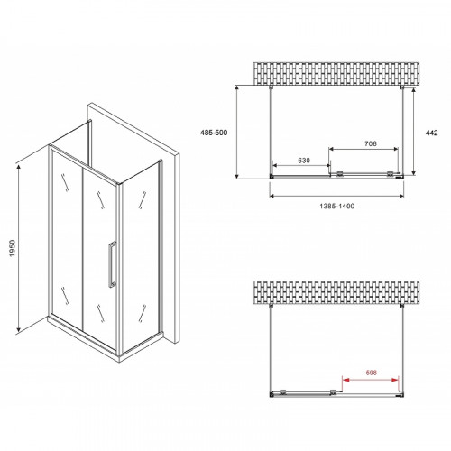 Душевой уголок Abber Schwarzer Diamant 140x50 AG30140BH-S50B-S50B профиль Черный стекло прозрачное