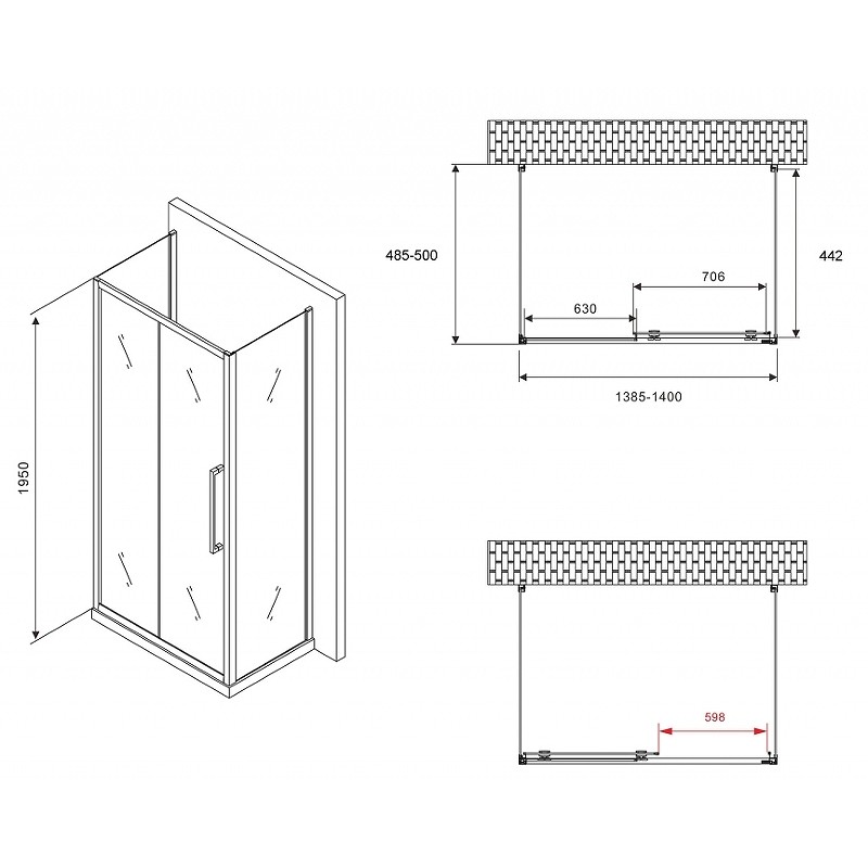 Душевой уголок Abber Schwarzer Diamant 140x50 AG30140BH-S50B-S50B профиль Черный стекло прозрачное