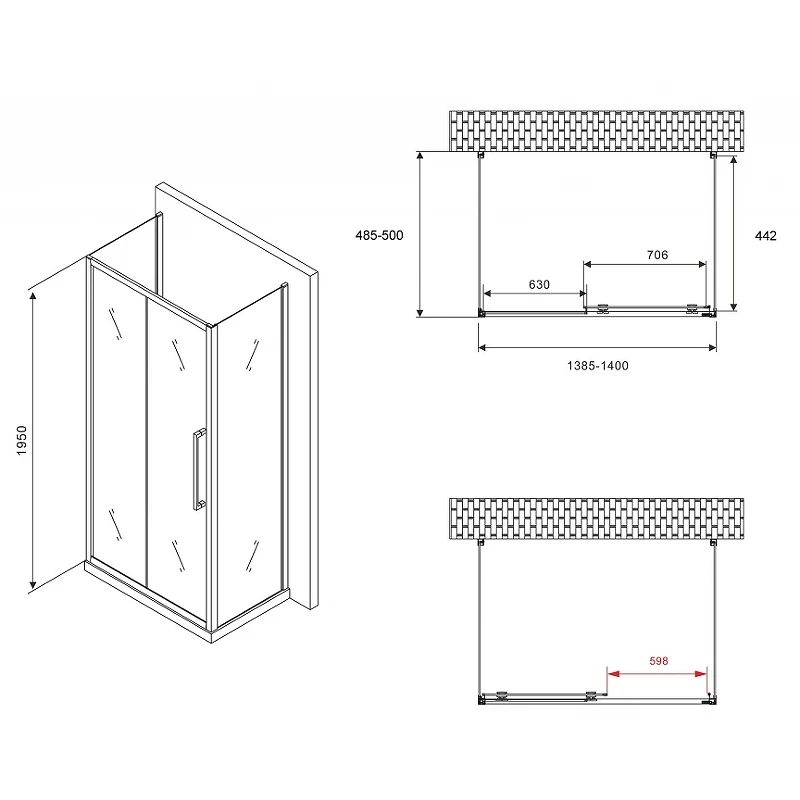 Душевой уголок Abber Schwarzer Diamant 140x50 AG30140BH-S50B-S50B профиль Черный стекло прозрачное