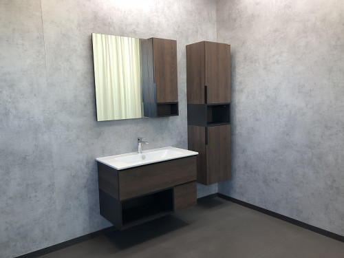 Зеркало со шкафом Comforty Франкфурт 90 00004150529 Дуб шоколадно-коричневый Черное матовое МДФ / ЛДСП, стекло