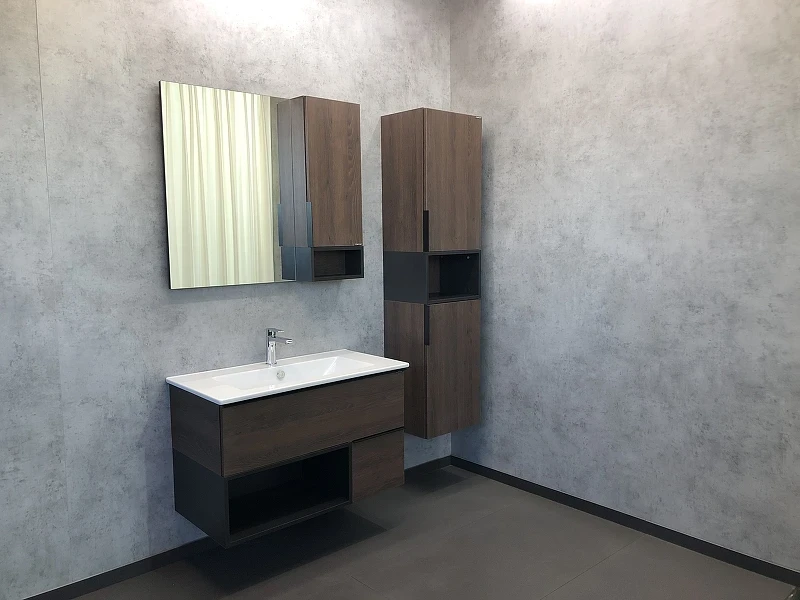 Зеркало со шкафом Comforty Франкфурт 90 00004150529 Дуб шоколадно-коричневый Черное матовое МДФ / ЛДСП, стекло