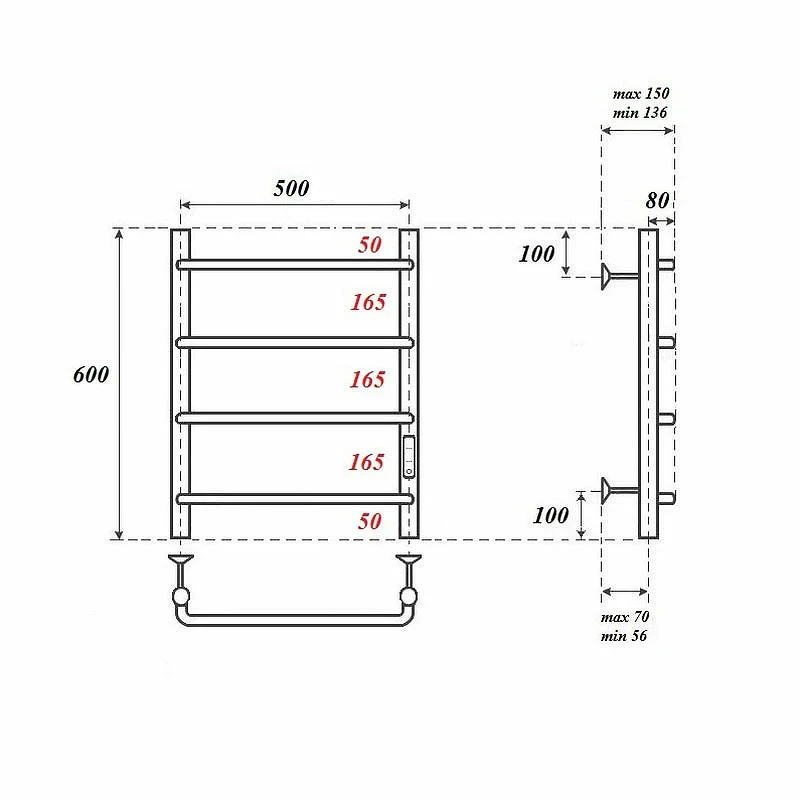 Электрический полотенцесушитель Point Ника PN08856 П4 500x600 диммер справа Хром