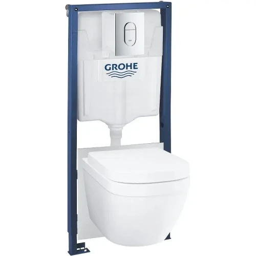 Унитаз с инсталляцией Grohe Euro Ceramic 36501000 цвет Альпийский белый с сиденьем Микролифт и клавишей смыва цвет Хром глянцевый
