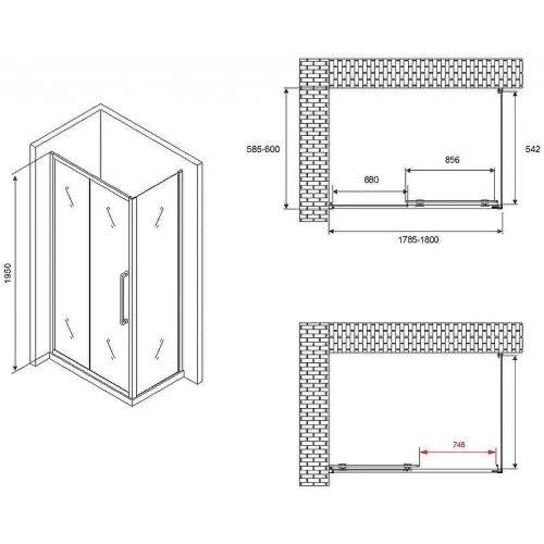 Душевой уголок Abber Schwarzer Diamant 180x60 AG30180BH-S60B профиль Черный стекло прозрачное