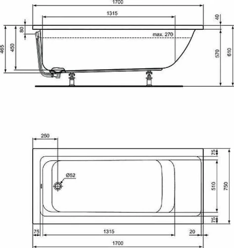 Акриловая ванна Ideal Standard Connect Air 170х75 E106401 без гидромассажа