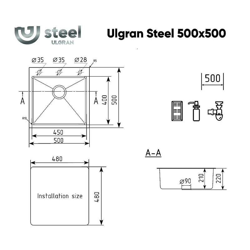 Кухонная мойка Ulgran Steel US 500х500-003 цвет Вороненая сталь