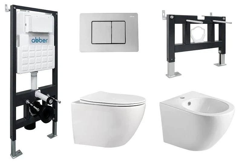 Комплект унитаза Abber Bequem AC1100-AC0105-AC0120-AC1150-AC0101P с сиденьем Микролифт и клавишей смыва цвет Хром