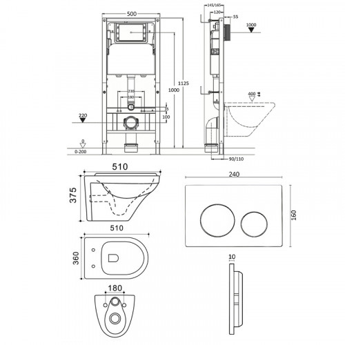 Комплект унитаза с инсталляцией Agger ATI06100+APB144 с сиденьем Микролифт и Черной матовой клавишей смыва фарфор подвесной