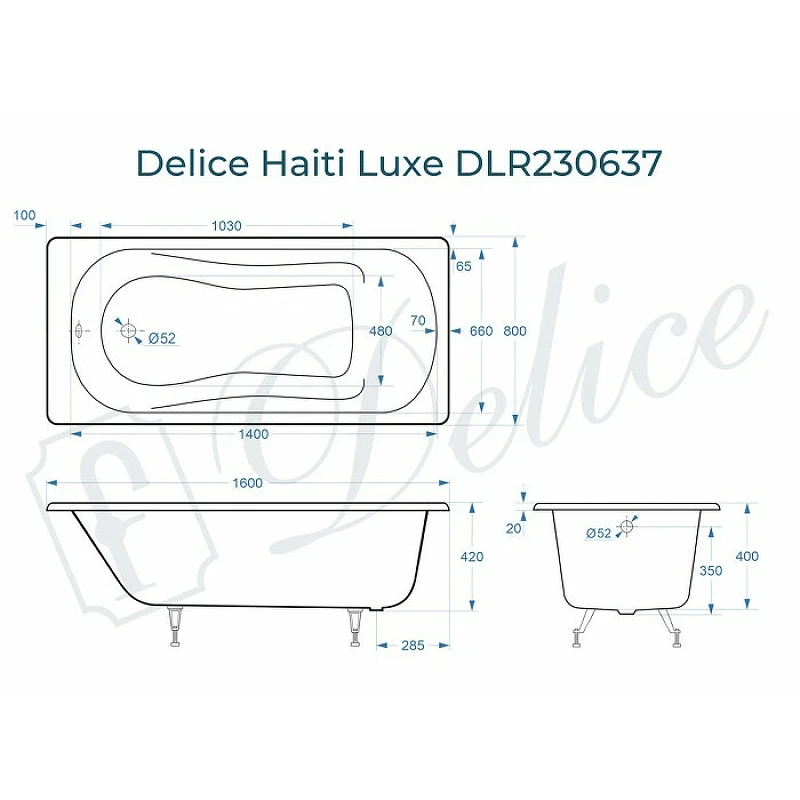 Чугунная ванна Delice Haiti Luxe 160x80 DLR230637 без отверстий под ручки и антискользящего покрытия