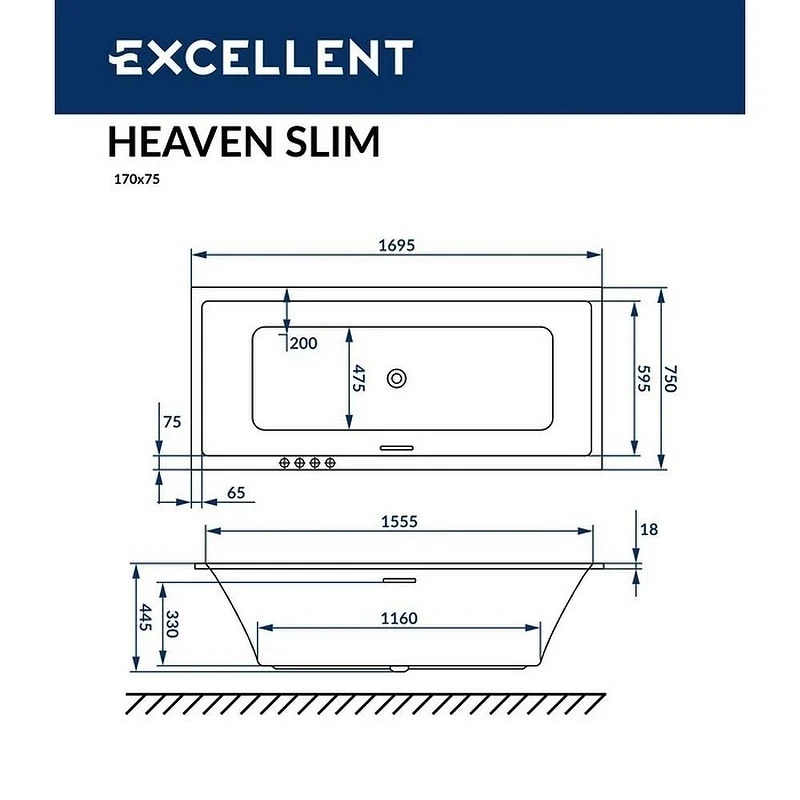 Акриловая ванна Excellent Heaven Slim 170x75 WAEX.HEV17S.SMART.BR цвет Белый с гидромассажем форсунки Бронза