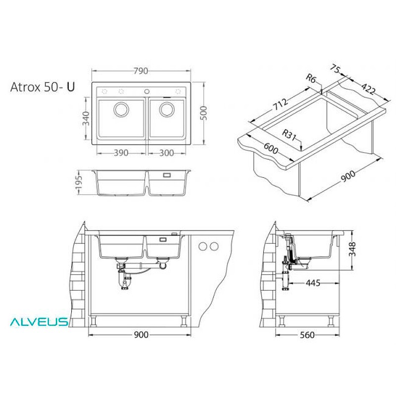 Кухонная мойка Alveus Granital Atrox 50 Beige G55 790x500 1132000 Бежевая искусственный камень (литьевой мрамор) встраиваемая сверху, встраиваемая снизу