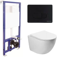 Унитаз с инсталляцией Vincea Globo VT1-14S + Berges Novum D5 040235 с сиденьем Микролифт и Черной матовой клавишей смыва