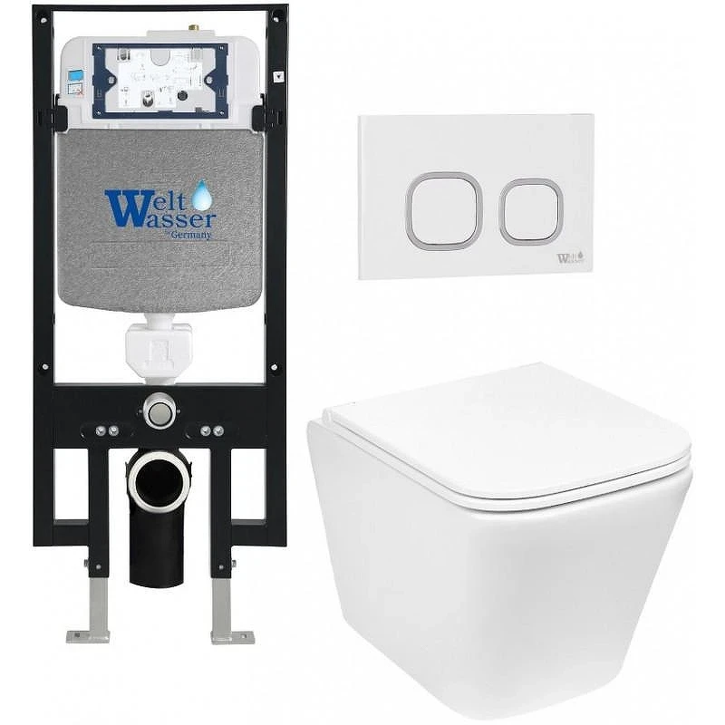 Комплект унитаза с инсталляцией WeltWasser AMBERG 497 + GELBACH 043 GL-WT + AMBERG RD-WT 10000011854 цвет Белый глянцевый с сиденьем Микролифт и клавишей смыва цвет Белый