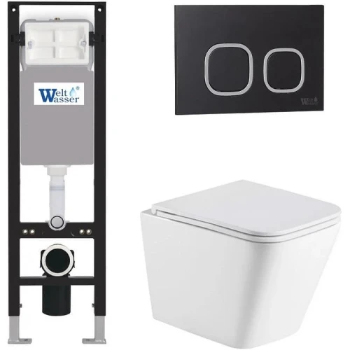 Комплект унитаза с инсталляцией WeltWasser AMBERG 350 + GELBACH 043 GL-WT + AMBERG RD-BL 10000012314 цвет Белый глянцевый с сиденьем Микролифт и клавишей смыва цвет Черный