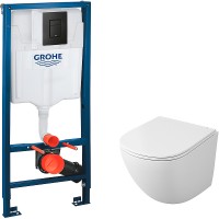Комплект унитаза Owl 1975 Vind Cirkel-H TOWLT190302 с инсталляцией Grohe Rapid SL 38811KF0 с сиденьем Микролифт и Черной матовой клавишей смыва фарфор подвесной
