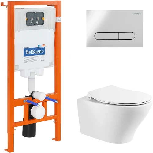 Комплект унитаза с инсталляцией BelBagno Acqua BB340CHR/BB2020SC/BB002-80/BB005-PR-CHROME с сиденьем Микролифт и клавишей смыва Хром глянцевый фаянс подвесной