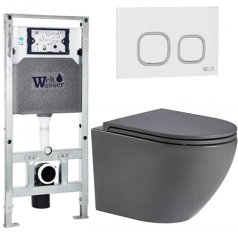 Комплект унитаза с инсталляцией WeltWasser AMBERG 506 ST + MERZBACH 043 MT-GR + AMBERG RD-WT 10000011388 цвет Серый матовый с сиденьем Микролифт и клавишей смыва цвет Белый