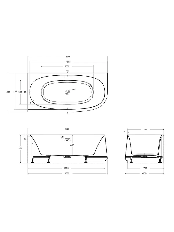 Акриловая ванна Cezares Lux 165х80 L CZR-LUX-CORNER-165-80-58-L цвет Белый