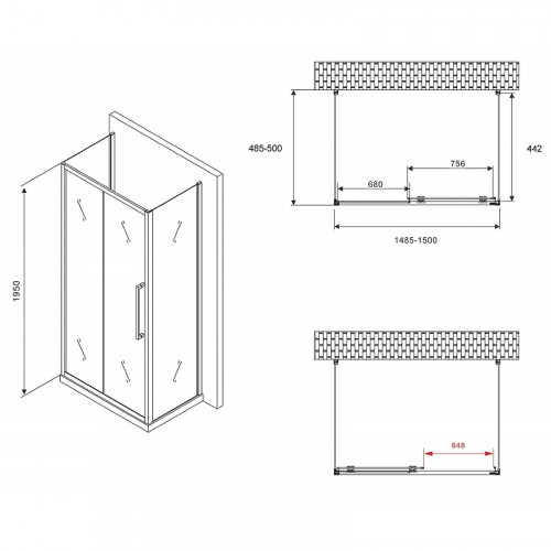 Душевой уголок Abber Schwarzer Diamant 150x50 AG30150BH-S50B-S50B профиль Черный стекло прозрачное