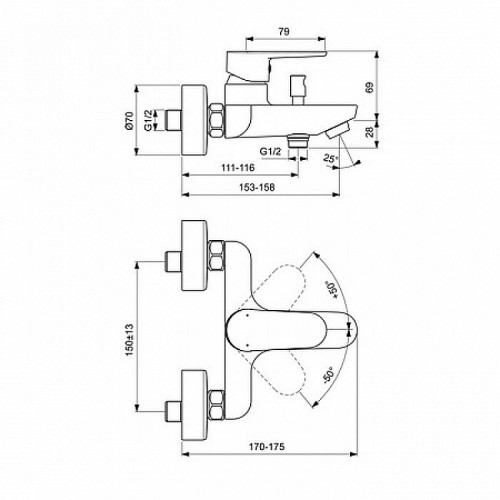 Смеситель для ванны Ideal Standard Cerafine Model O BC500AA Хром на стену