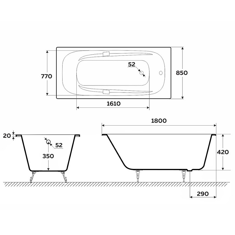 Чугунная ванна Delice Flex 180x85 DLR230632R с отверстиями под ручки без антискользящего покрытия