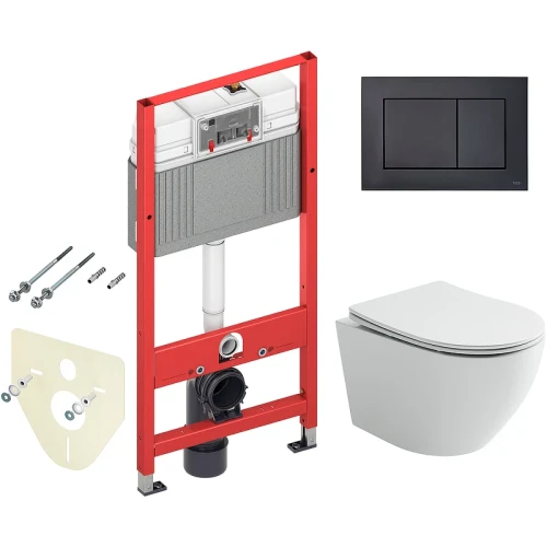Комплект унитаза Ceramicanova Uno Rimless CN11001 с инсталляцией Tece Now 9400414 с сиденьем Микролифт и Черной матовой клавишей смыва фарфор подвесной