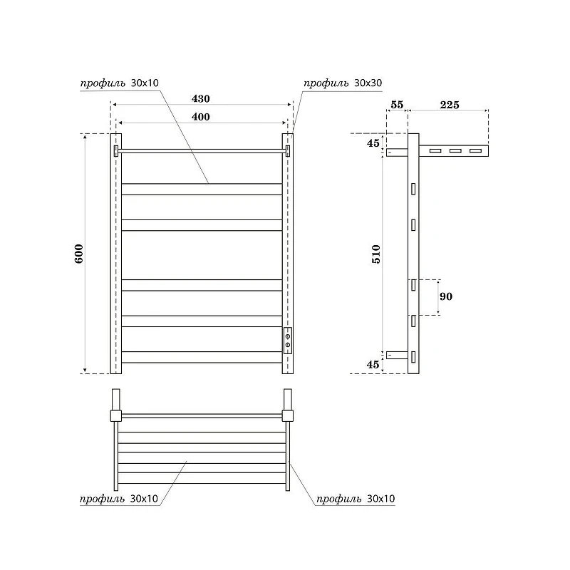 Электрический полотенцесушитель APEXTERMO Terra 600x400 TR11164BM с крючками и полкой цвет Черный матовый