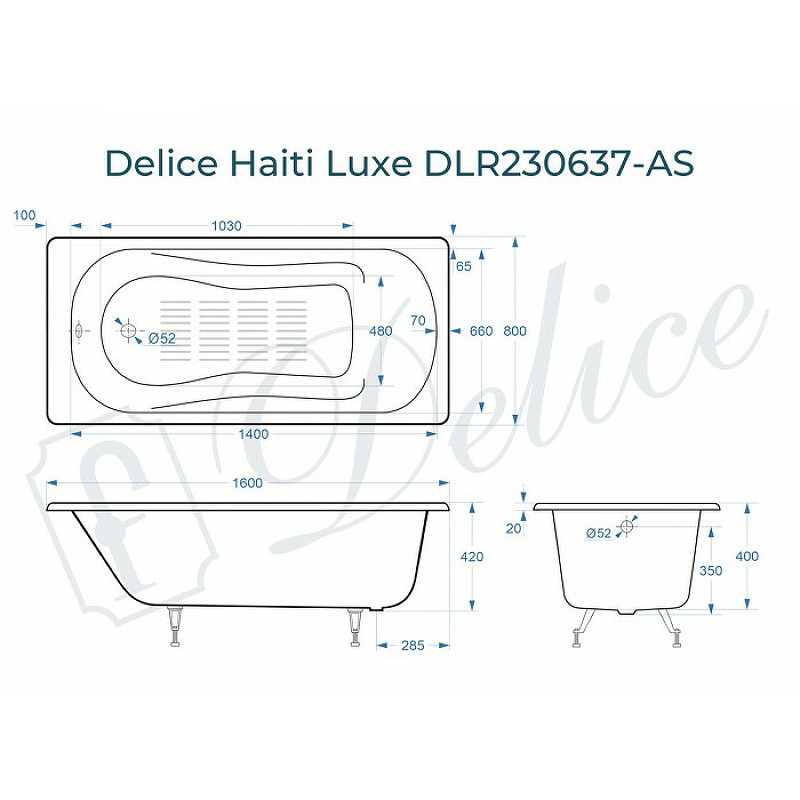 Чугунная ванна Delice Haiti Luxe 160x80 DLR230637-AS без отверстий под ручки с антискользящим покрытием