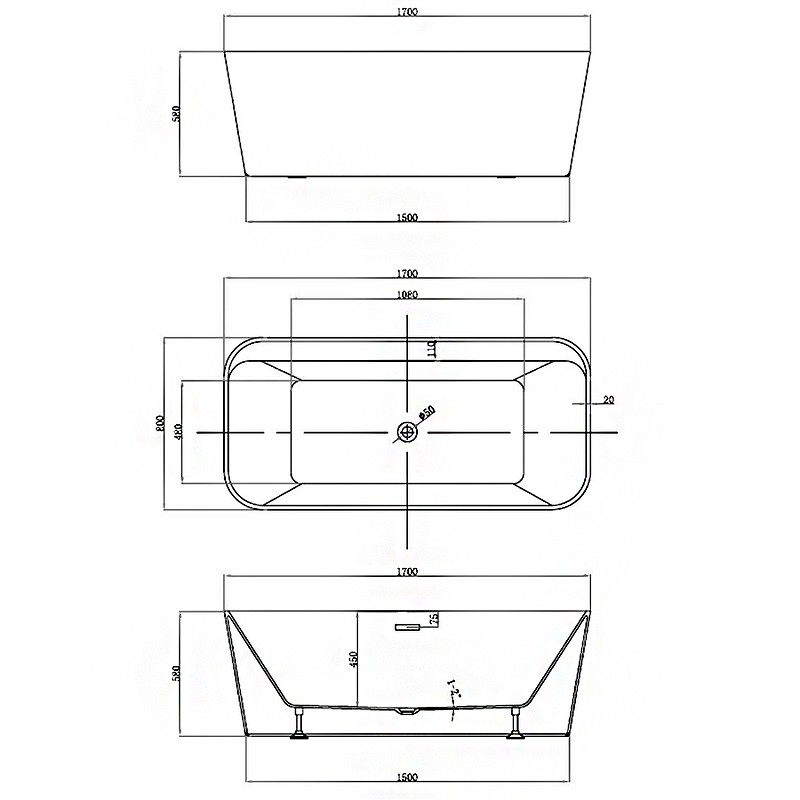 Акриловая ванна Vincea 170x80 VBT-401-1700MW без гидромассажа