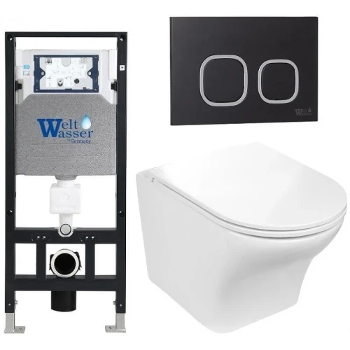 Комплект унитаза с инсталляцией WeltWasser AMBERG 506 + ODENBACH 004 GL-WT + AMBERG RD-BL 10000006827 цвет Белый глянцевый с сиденьем Микролифт и клавишей смыва цвет Черный