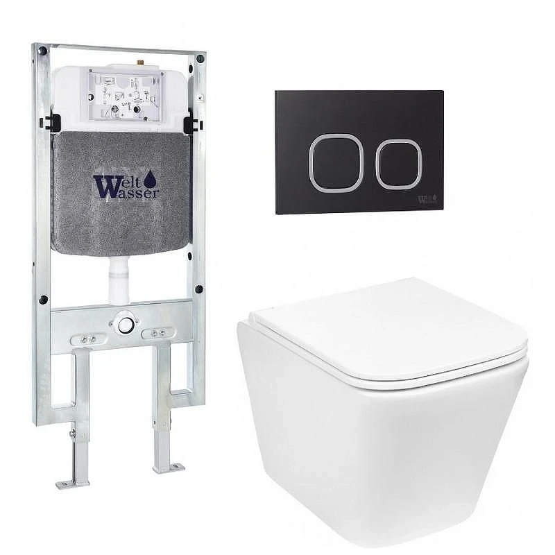 Комплект унитаза с инсталляцией WeltWasser AMBERG 497 ST + GELBACH 043 GL-WT + AMBERG RD-BL 10000011856 цвет Белый глянцевый с сиденьем Микролифт и клавишей смыва цвет Черный