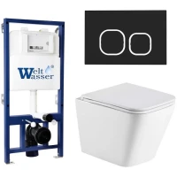 Комплект унитаза с инсталляцией WeltWasser BAMBERG 525 + GELBACH 043 GL-WT + BAMBERG BL 10000012812 цвет Белый глянцевый с сиденьем Микролифт и клавишей смыва цвет Черный