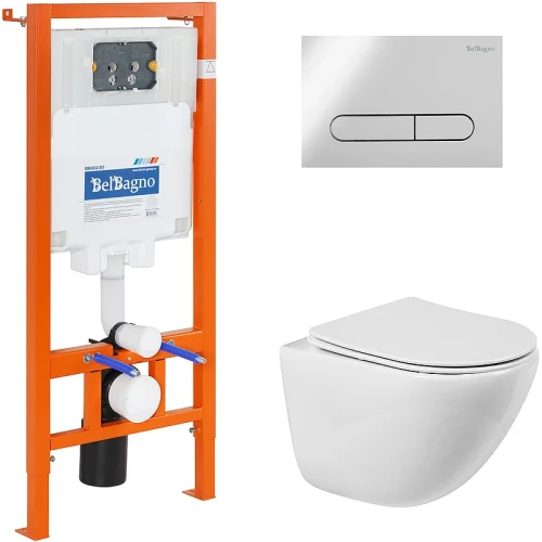 Комплект унитаза с инсталляцией BelBagno Amanda BB051CHR/BB051SC/BB002-80/BB005-PR-CHROME с сиденьем Микролифт и клавишей смыва Хром глянцевый фаянс подвесной