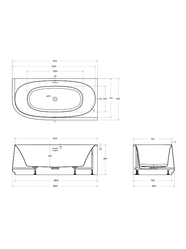 Акриловая ванна Cezares Lux 165х80 R CZR-LUX-CORNER-165-80-58-R цвет Белый