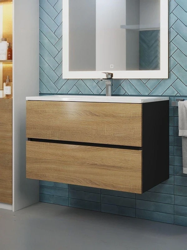Тумба под раковину Uperwood Barsa 80 293020539 подвесная цвет Черный матовый Дуб сонома